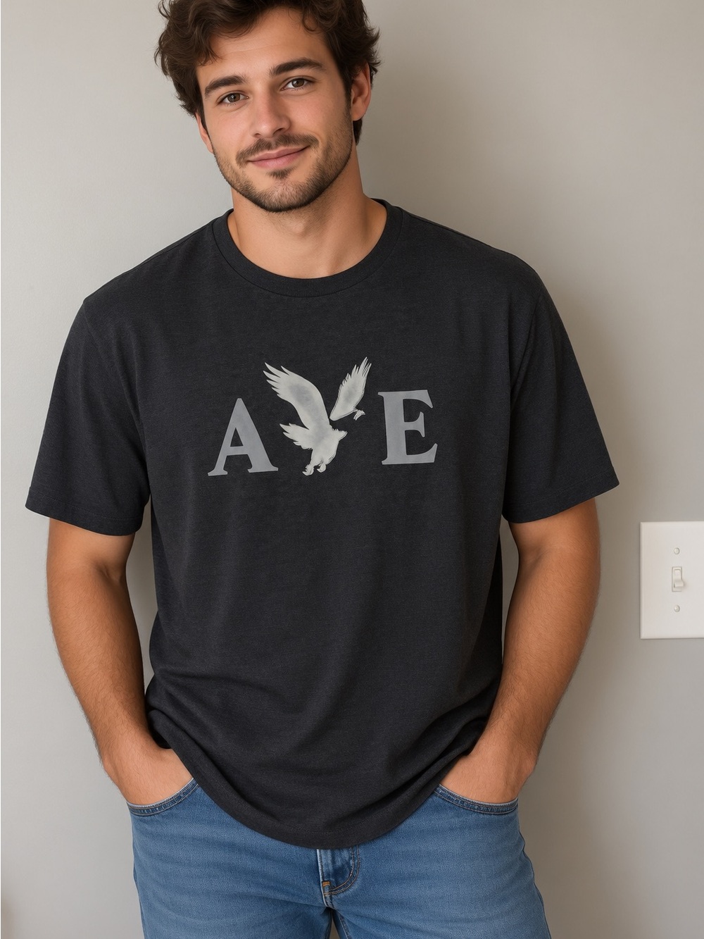 American Eagle Outfitters Black Tee with Gray Eagle Logo